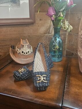 Sam Edelman Black Tweed Loafers with Gold Hardware
